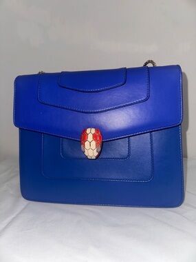 Bvlgari Serpenti Forever Blue Leather Flap Bag Snake Head w Mirror